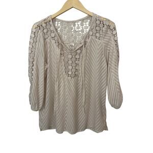 Bila Boho Tunic Semi Sheer‎ Top Womens Large Beige Whimsy Fairy Crochet Trim Tie